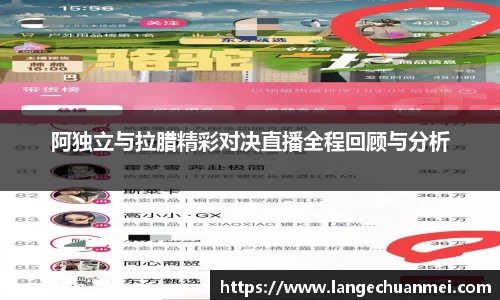 阿独立与拉腊精彩对决直播全程回顾与分析